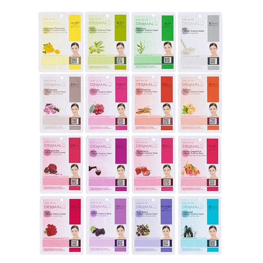 DERMAL Korean Collagen Face Mask – Hydrating & Soothing Sheet Mask with Panthenol – Hypoallergenic Calming Moisture Care for All Skin Types – 16 Combo Pack B