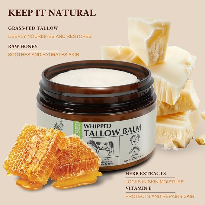 Beef Tallow for Skin 4.6 OZ Whipped Tallow Balm Natural Face and Body Butter with Raw Honey, Herbal Extracts, Grass-Fed Beef Tallow