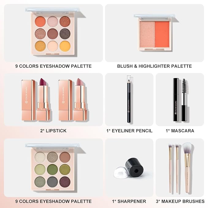 Color Nymph All In One Makeup Kit For Teens Girls | Starter Make up Set With Cosmetics Bag | Included Eyeshadow Blush Lipstick Lip Pencil Eye Pencil Brush Mascara | Travel Makeup Bag Design( White )