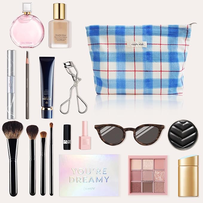 Wudygirl Makeup Bag Canvas Cosmetic Bag for Women Aesthetic Makeup Organizer Travel Makeup Pouch Toiletry Bag Pouches for Purse Cute Zipper Pouch Handbag (Blue White Line)