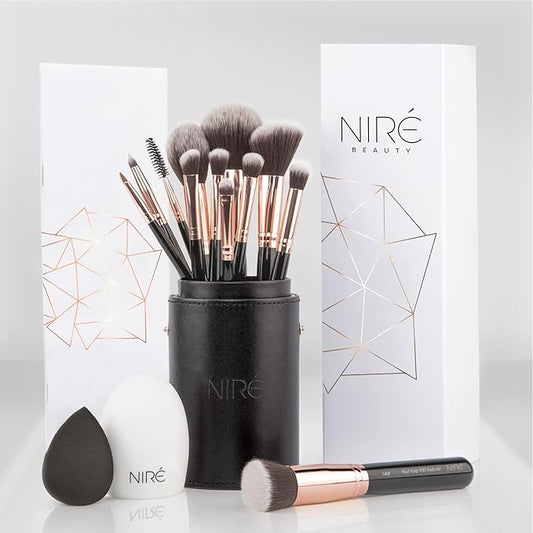 Nirรฉ Beauty 15piece Award Winning Professional Makeup Brush Set: Vegan Makeup Brushes with Case, Makeup Sponge, Brush Cleaner, Guide, Gift Box
