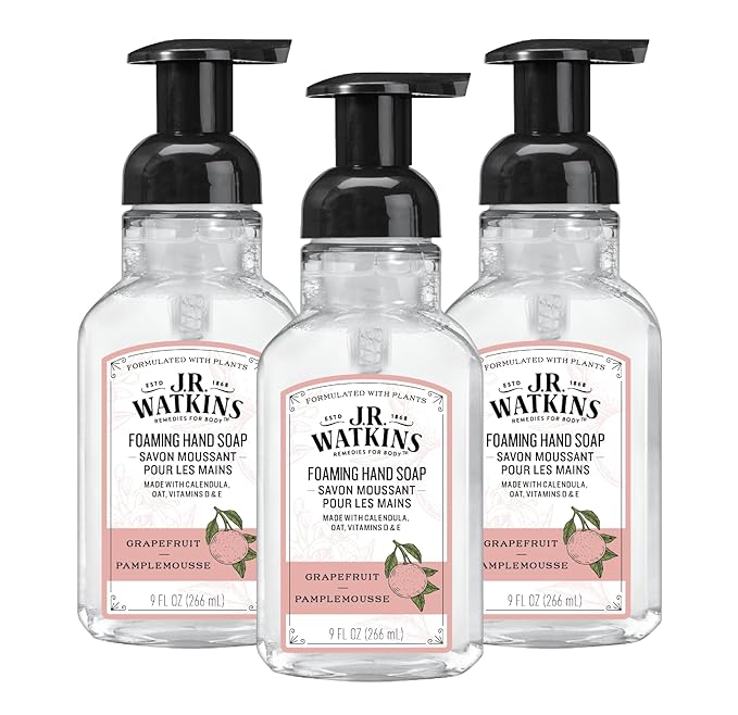 J.R. Watkins Foaming Hand Soap with Pump Dispenser, Moisturizing Foam Hand Wash, Alcohol-Free and Cruelty-Free, Grapefruit, 9 fl oz, 3 Pack
