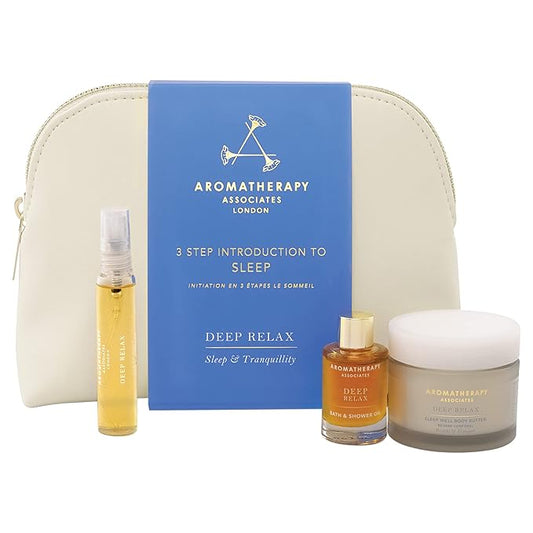 Aromatherapy Associates 3 Step Introduction to Sleep. Luxurious Gift Set Includes Deep Relax Bath and Shower Oil, Sleep Mist and Body Butter in a Vegan Leather Travel Bag (1 count)