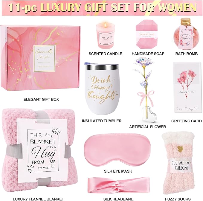 Birthday Gifts for Women Self Care Gifts Get Well Soon Gifts, Rose Relaxing Spa Gifts Basket Care Package, Luxury Flannel Blanket, Unique Mothers Day Idea Gifts for Mom Her Grandma Friend Sister Wife