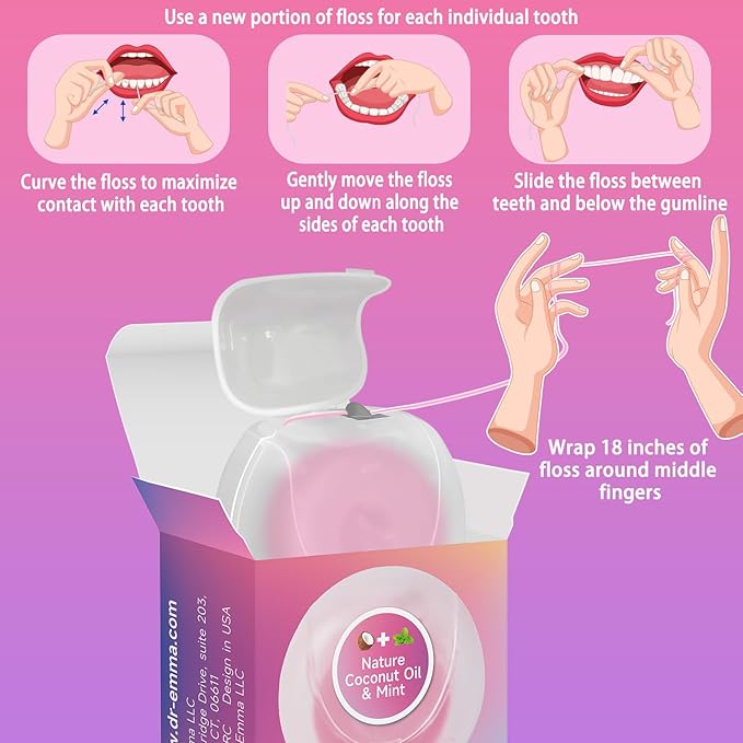 Dr. Emma Woven Dental Floss Coconut Oil Infused Expanding Dental Floss, Oral Care Stretchable Floss, Mint 33yd Pink, Pack of 4