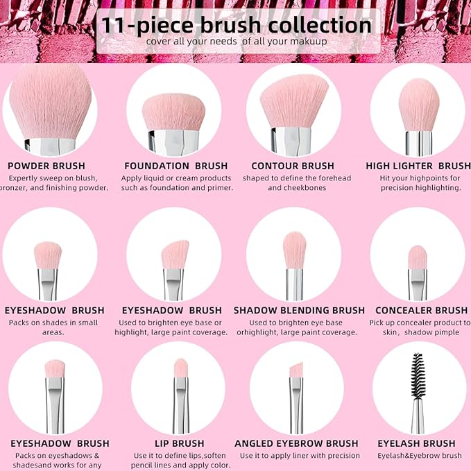 Professional Makeup Brush Set Luxury 11pcs Silver Glitter Crystal Make Up Brush Kit Vegan Soft Synthetic Hair Foundation Eyeshadow Eyebrow Lip Cosmetic Brush Set With Gift Box For Girl