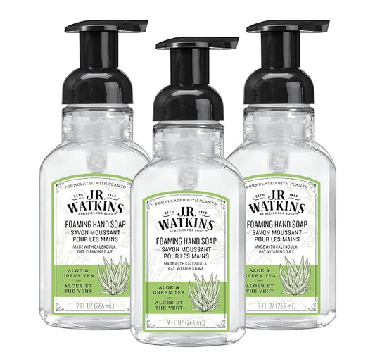 J.R. Watkins Foaming Hand Soap with Pump Dispenser, Moisturizing Foam Hand Wash, Alcohol-Free, Cruelty-Free, Aloe & Green Tea, 9 fl oz, 3 Pack