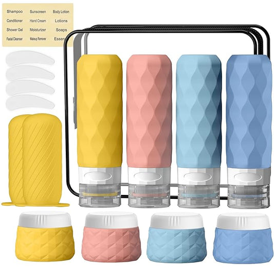16Pack Travel Bottles for Toiletries, TSA Approved Travel Size Toiletries Containers Set, Silicone Leak Proof Refillable Bottles Elastic Sleeves Creams Jars Accessories Kit W/Clear Bag (Bright)