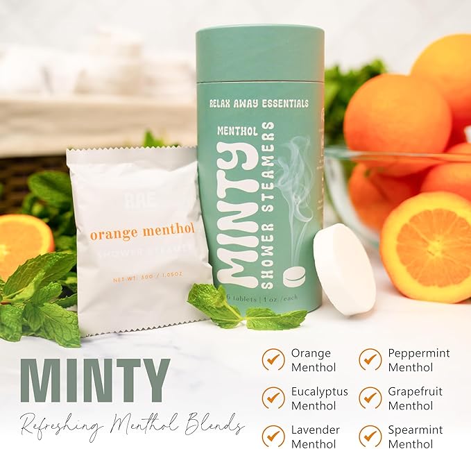Relax Away Minty Shower Steamers 6 Pack - Menthol Infused Aromatherapy - Refreshing Orange, Eucalyptus, Lavender, Peppermint, Grapefruit, Spearmint - Relieve Stress & Soothe Sinuses