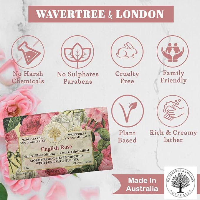 Wavertree & London English Rose Scented Natural Soap Bars for Women & Men (2 x 7oz) โ Moisturizing Triple-Milled Soap Bars Enriched with Shea Butter โ Plant-Based Bath & Body Bar for All Skin Types