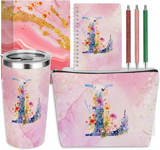Personalized Gifts Monogrammed Birthday Gifts for Women, Mama New Mom Thanksgiving Wedding Christmas Initial 20 oz Tumbler, Makeup Bag Cup Pens Journal Notebook 6 Set, (Aesthetic Pink Flower L)