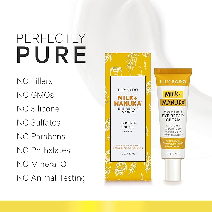 LILY SADO MILK+MANUKAโข Eye Repair Cream - Anti-Aging Natural Gentle Formula w/Coconut Milk, Manuka Honey, Sodium Hyaluronate & VITS C, B5 & E - Prevents Puffiness, Under-eye Wrinkles & Eye Bags - 1oz
