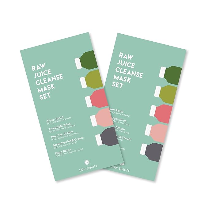 ESW Beauty Raw Juice Face Masks - 10-Pack Skincare Set - Hydrating, Anti-Aging, Moisture Repair, Pore Control, Soothing & Revitalizing with Watermelon, Kale & Charcoal
