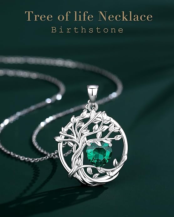 FANCIME Tree of life Birthstone necklace Sterling Silver Pendant Birthstone Necklace Gemstone Anniversary Birthday Jewelry Christmas Gifts for Mom Her Wife