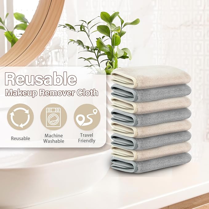 Nugilla Makeup Remover Cloths, 8 Packs Makeup Remover Towels Reusable Face Wash Cloth, Soft Makeup Remover Microfiber Face Cloth for Women(Cool Gal)