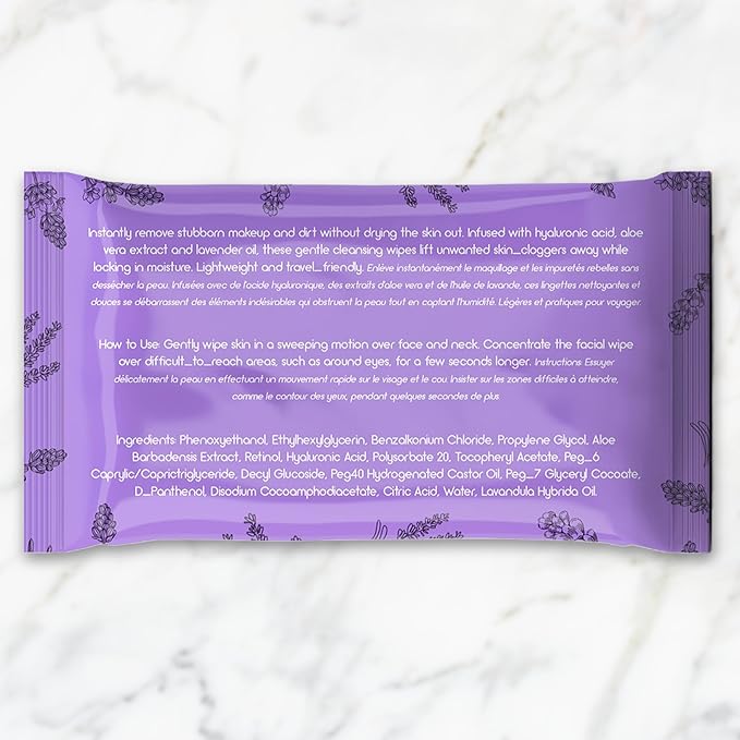 Lavender Face Wipes - 120 pcs - Gentle Makeup Remover Wipes for Women - Facial Cleansing Wipe with Aloe, Castor, Vitamin A and E - Extra Soft - Moisturizing