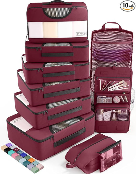 Veken 10 Set Packing Cubes for Travel Essential, Suitcase Organizer Bags in 4 Sizes, Carry-On Luggage Accessories with Large Laundry & Hanging Toiletry Bag, Must-Have for Airplane, Road Trip & Camping