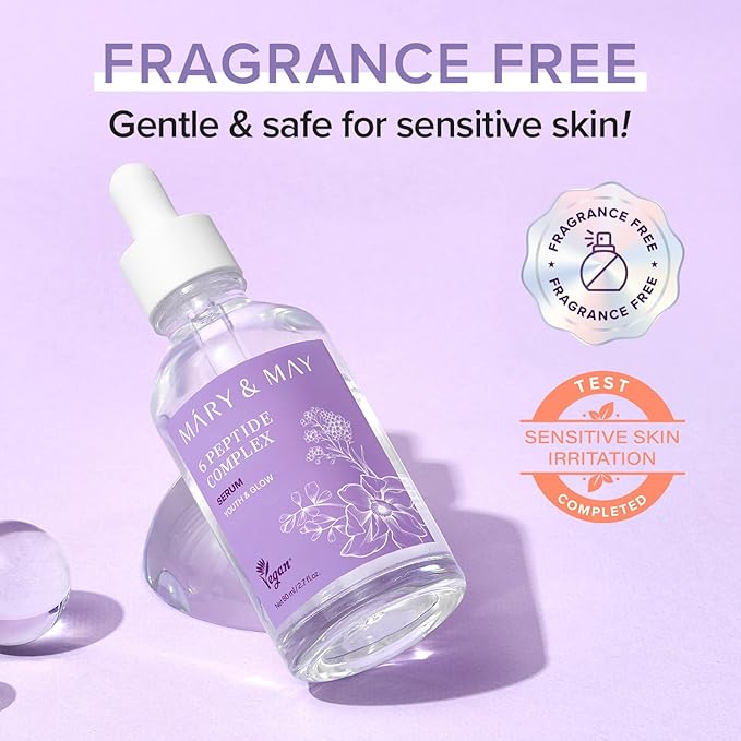 Mary&May 6 Peptide Complex Serum - Korean Anti-Aging Face Treatment for Wrinkle Reduction, Skin Firmness & Hydration, EWG Verified, Fragrance Free, 2.71 fl.oz.