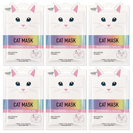 Epielle Animal Character Sheet Masks Cat 6 Pack, Nourishing Face Mask Skincare Set with Milk Protein & Vitamin E, Girls Spa Party Favors, Sleepover, Self Care Gifts for Women, Korean Skin Care