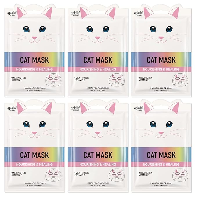 Epielle Animal Character Sheet Masks Cat 6 Pack, Nourishing Face Mask Skincare Set with Milk Protein & Vitamin E, Girls Spa Party Favors, Sleepover, Self Care Gifts for Women, Korean Skin Care