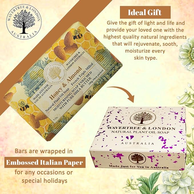 Wavertree & London Honey Almond Scented Natural Soap (2 Bars), 7oz Moisturizing French Triple Milled Soap Bars enriched with shea butter - Pure Plant Based Bath & Body Bars for All Skin Types