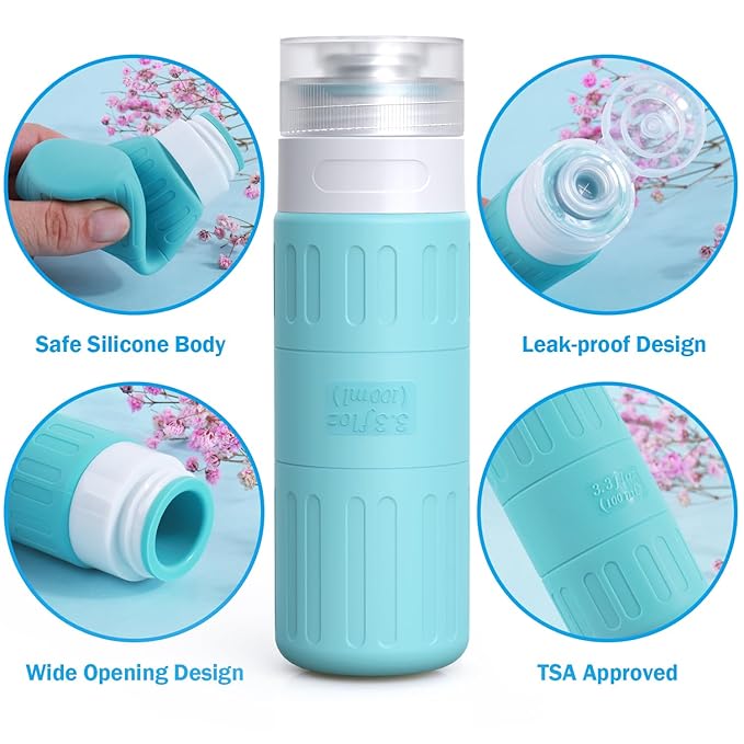 GLAMFIELDS Travel Bottles for Toiletries,TSA Approved 3.3oz Size LeakProof Silicone Toiletry Containers for Shampoo, Conditioner,Easy to Squeeze,Portable Travel Essentials for Lotion(18 Pack) Blue