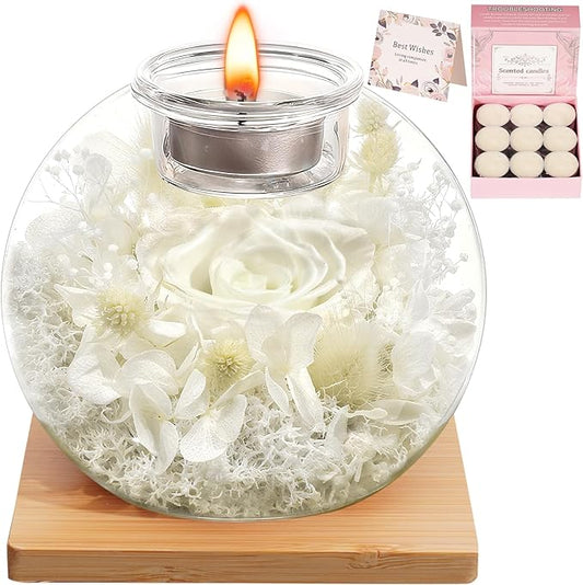 Eternal Preserved Real Rose, Glass Dome Gift Set with 18 Scented Candles (9 Vanilla,9 Lavender), Mother's Day Valentine Christmas Birthday Gift for Women Mom Girlfriend Wife Home Decor (White)
