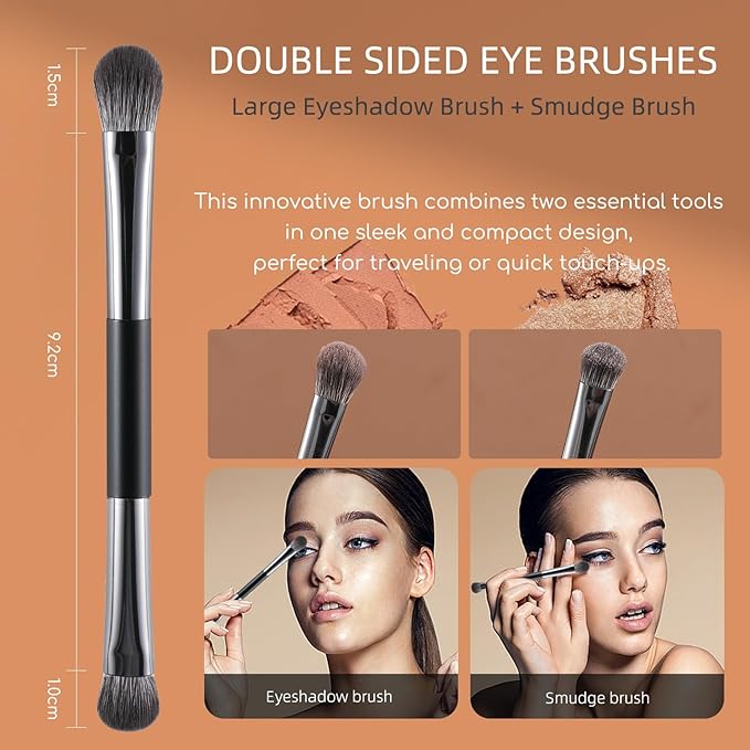 ENERGY Travel Eye Makeup Brush Set Eyeshadow Eye Blending Eyeliner Under Eye Concealer Eye Brow Smudge Makeup Kit with Portable Compact Mirror Case Double ended Makeup Brushes 4PCS