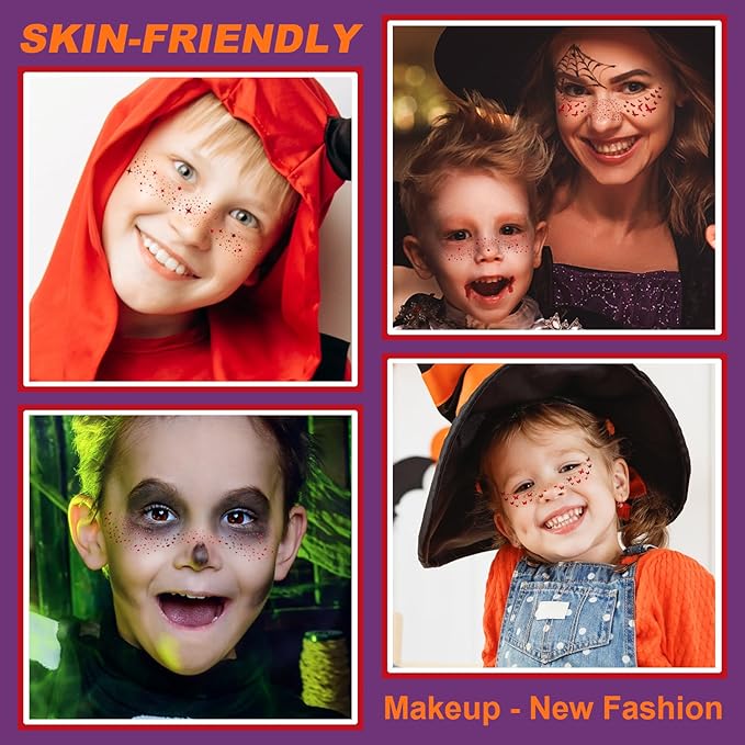 10Pcs Halloween Face Makeup Patches, Glitter Freckles Face Tattoo for Teenagers & Young Women, Sparkle Freckles Makeup Patches, Waterproof Face Glitter Freckles (10Pcs Red)