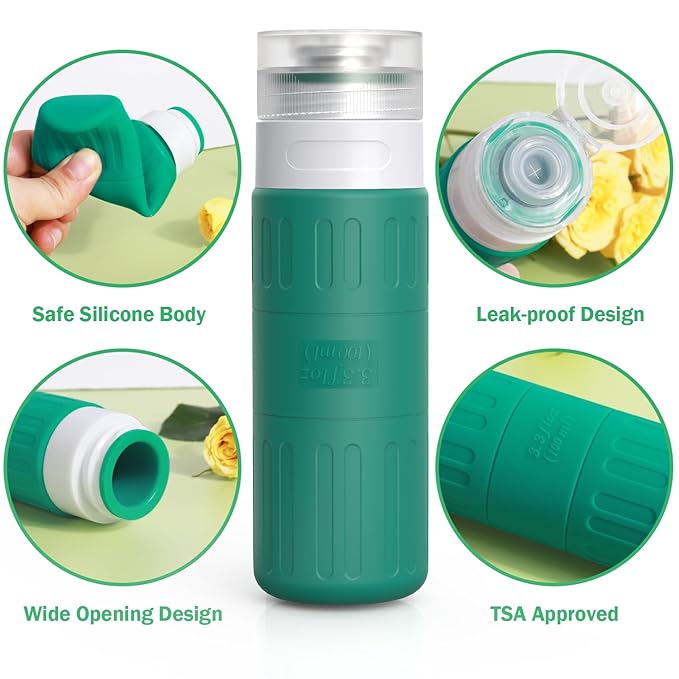 GLAMFIELDS Travel Bottles for Toiletries,TSA Approved 3.3oz Size LeakProof Silicone Toiletry Containers for Shampoo, Conditioner,Easy to Squeeze,Portable Travel Essentials for Lotion(18 Pack) Green