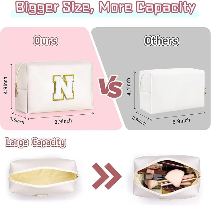 TOPEAST Initial Makeup Bags for Women, Personalized Portable Cosmetic Bag with Zipper, Cute Makeup Pouch, Bridesmaid Gifts for Wedding Day, Teen Girl Trendy Stuff(White X)