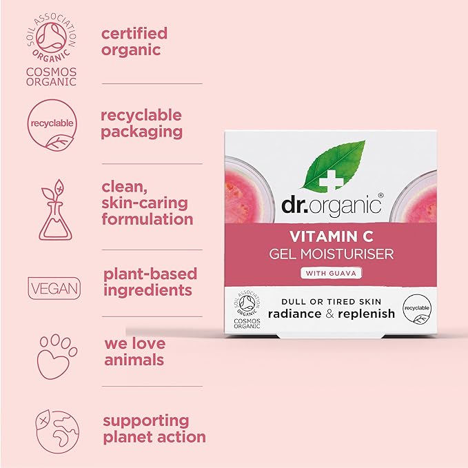 Dr. Organic Vitamin C Gel Moisturizer | Brightening and Moisturizing for Dehydrated Skin, Natural, Vegan, Cruelty-Free, Paraben & SLS Free, Certified Organic, 50 mL / 1.7 fl oz