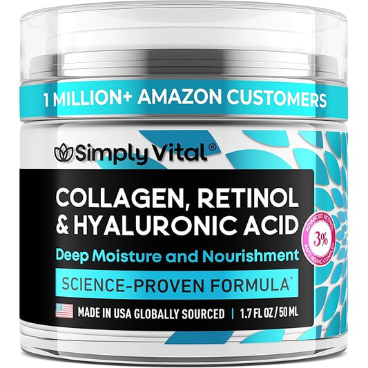 SimplyVital Collagen, Retinol & Hyaluronic Acid Cream - Anti-Aging Face Moisturizer for Face, Firming Skin Care Neck & Dรฉcolletรฉ - Made in USA, Daily Moisturizer Face Cream Day & Night - 1.7 fl.oz.
