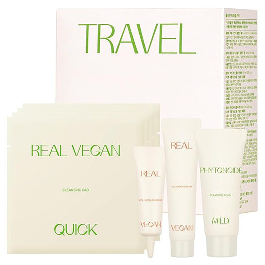 KLAVUU TRAVEL KIT โ 4-Step Korean Skincare Set with Collagen Ampoule, Cream, Cleansing Pads & Foam | Travel Size Gift Set | Vegan | Mini K-Beauty Trial Kit
