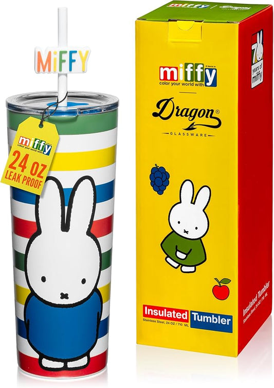 Dragon Glassware | Miffy 24 oz Vacuum Insulated Tumbler with Lid and Straw - Tumbler Cup with 2 Straws - Stainless Steel Tumbler with Straw Topper for Water, Iced Tea - Stripes