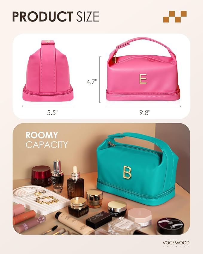 Gifts for 15 16 17 18 19 Year Old Girls, Makeup Bags with Handle, Initial Double Layer Cosmetic Bag with Makeup Brush Organizer, Cute Cosmetic Pouch for Women