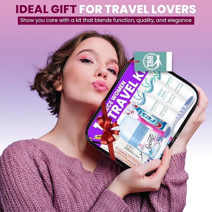 Trektote Travel Toiletry Kit For Women – (100 Pack) 12 Piece Set Of Travel Size Toiletries, TSA Compliant, Travel Essentials, Includes Shampoo And Conditioner, Body Wash, Toiletry Bag & More