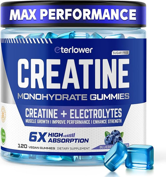 Creatine Monohydrate Gummies for Men & Women, 5g Flavored Creatine Gummy with Electrolytes for Muscle Strength, Muscle Builder, Energy Booster, Pre Workout Supplement, Sugar-Free & Vegan, 120 Count