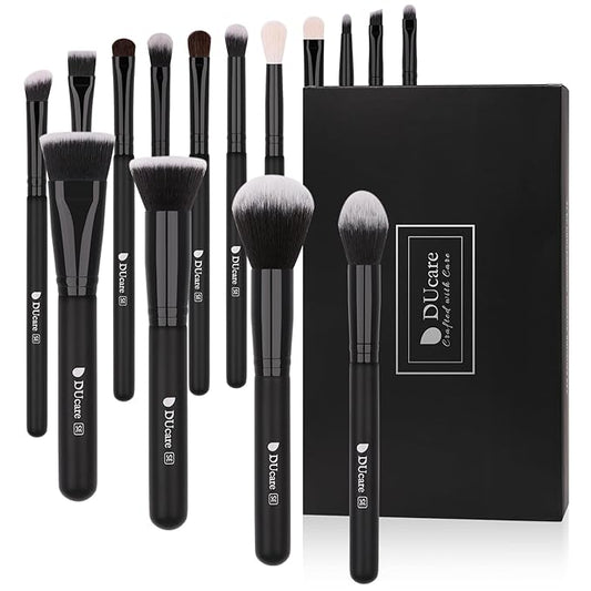 DUcare Makeup Brushes 15Pcs Premium Synthetic Kabuki Makeup Brush Set, Professional Foundation Concealers Powder Blush Blending Face Eye Shadows Black Brush Sets