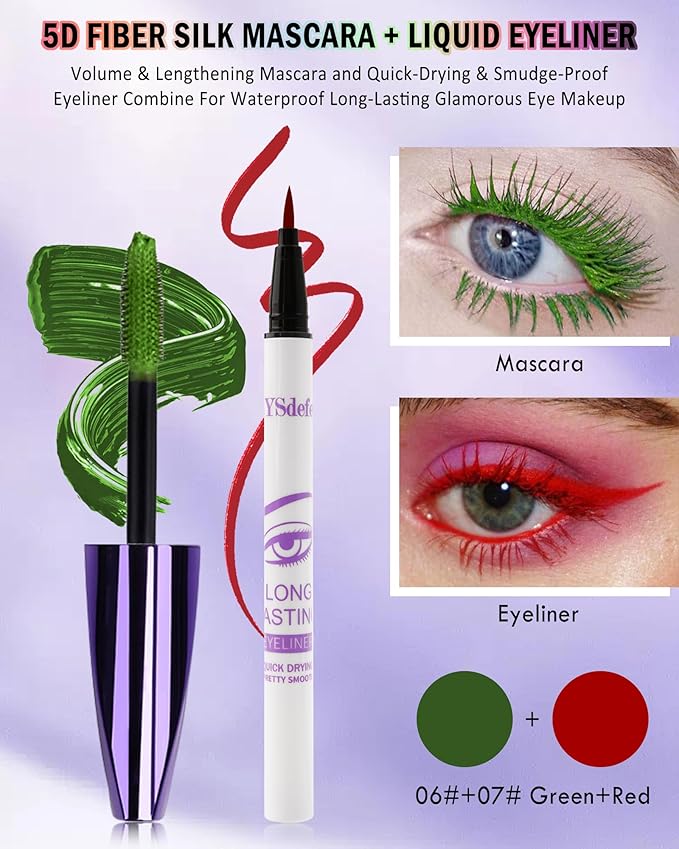 Green Mascara Red Eyeliner Set,5D Waterproof Fiber Colored Mascara Volume and Length,Longlasting Smudgeproof Color Eye Liner Pen,Cosplay Party Stage Use,Mother's Day Makeup Gift Kit for Women Girl