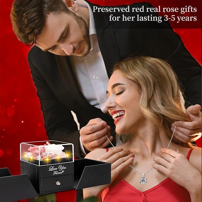 2 Preserved Real Rose with Heart I Love You Necklace- Eternal Rose Birthday Gifts for Women Wife Girlfriend Her Mom on Festivals Gifts Christmas Valentines Mothers Day Anniversary-Peach Pink White