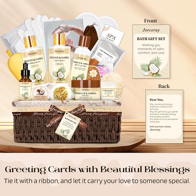Bath and Body Gift Basket Set for Women - Coconut Vanilla Spa Gift Basket for Women 22pcs Luxury Bath Gift Set with Shower Gel Self Care Pampering Gifts for Mothers Day, Christmas, Birthday Gifts