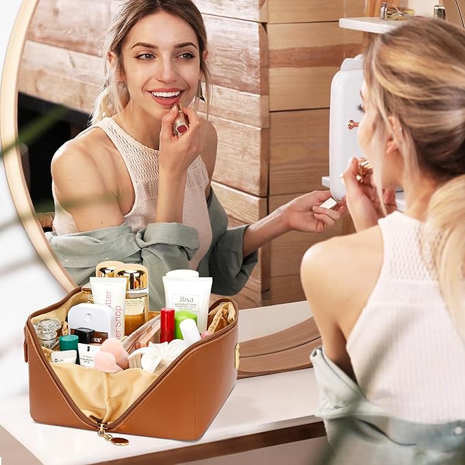 Birthday Gifts for Women Teen Girl, Personalized Initial Makeup Organizer Bag Set, Open Flat Travel Cosmetic Bag With Clear Divider and Handle(Brown,H)