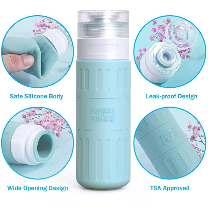 GLAMFIELDS Travel Bottles for Toiletries,TSA Approved 3.3oz Size LeakProof Silicone Toiletry Containers for Shampoo, Conditioner,Easy to Squeeze,Portable Travel Essentials for Lotion(18 Pack) Gray