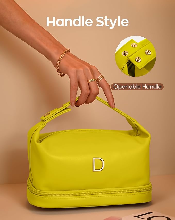 Women Gift, Personalized Makeup Bag with Handle, Initial Double Layer Cosmetic Bag with Makeup Brush Organizer, Cute Cosmetic Pouch for Women, Gifts for Friends Female Mom