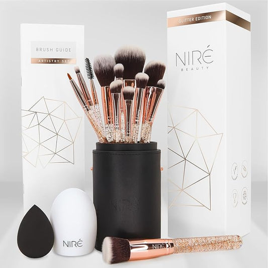 Nirรฉ Beauty 15piece Award Winning Glitter Makeup Brushes: Cute Makeup Brushes Set with Case, Beauty Blender, Cleaner, Guide, Gift Box