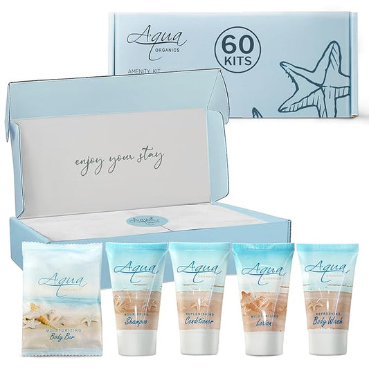 Aqua Organics Amenity Kit | Boxed Hotel Toiletries Bulk Set | 1 oz Shampoo, Conditioner, Lotion, Body Wash & Bar Soap | 300 Sets per Case