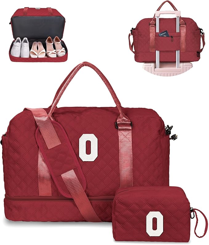 Personalized Gifts-Teen Duffle Bag with Shoe Compartment, Personalized Weekender Bag, Monogram Overnight Bag, Letter Travel Bag with Makeup Bag,Birthday Gift For Grandma (Letter O)