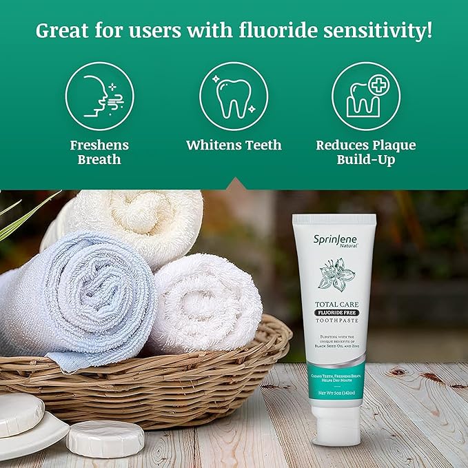 SprinJene Natural Total Care Fluoride Free Toothpaste – Patented Formula with Black Seed Oil & Zinc – Dry Mouth Toothpaste for Fresh Breath & Strong Teeth – Made in The USA (4 Pack)