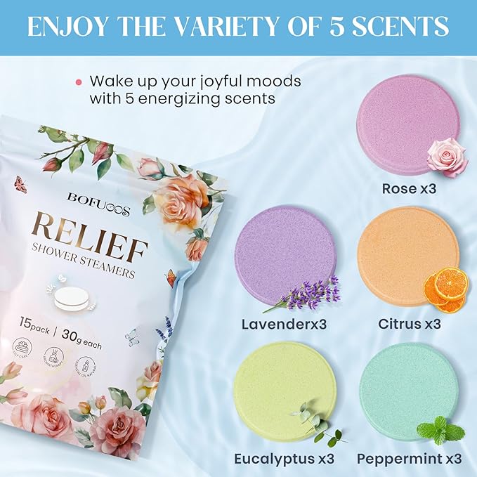 Shower Steamers Aromatherapy 15 Pack, Shower Bombs with Natural Essential Oils, Relaxation & Self Care Gifts for Women Teen Girls Mom, Birthday Christmas Stocking Stuffers White Elephant Gifts